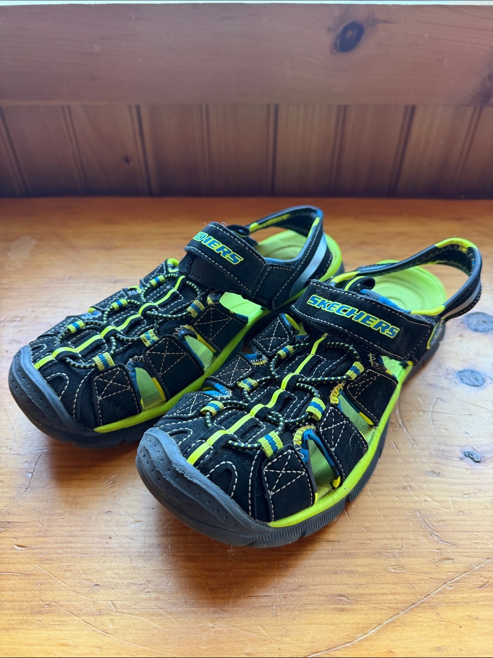 Skechers Kids Black and Neon Green Athletic Closed-Toe Sandals